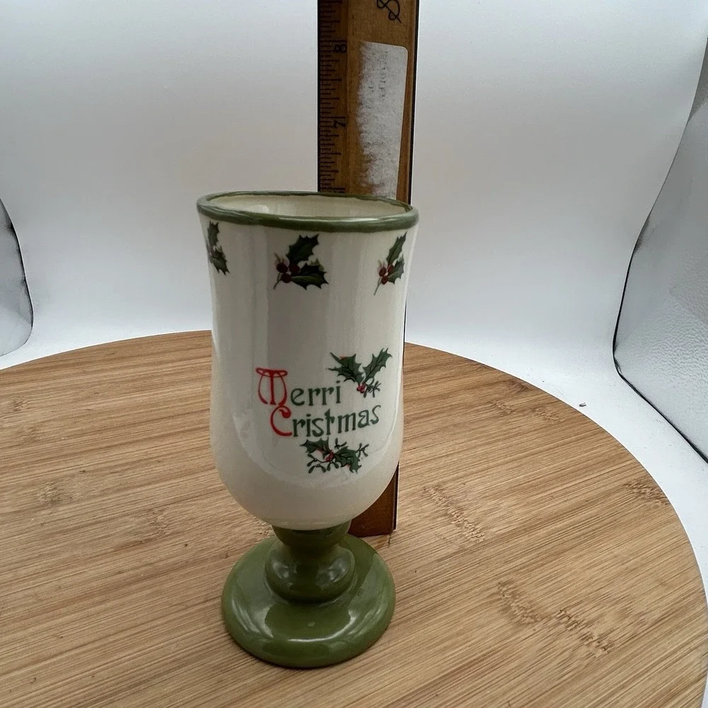 Studio Pottery - Small Merry Christmas Footed Vase Signed Holly And‎ Berries